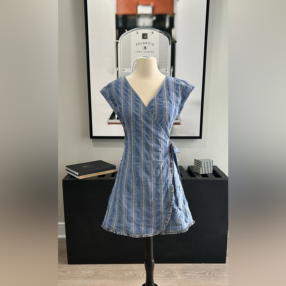 BRAND NEW! Chambray, Striped Wrap-Style Dress, Sleeveless w/ Fringe Raw Edge,(S)